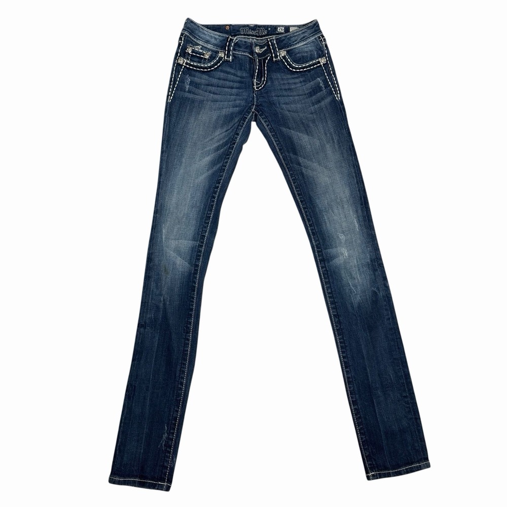 Miss Me Jeans Womens 26 Skinny Distressed Dark Wash Embellished Flap Pocket Y2K